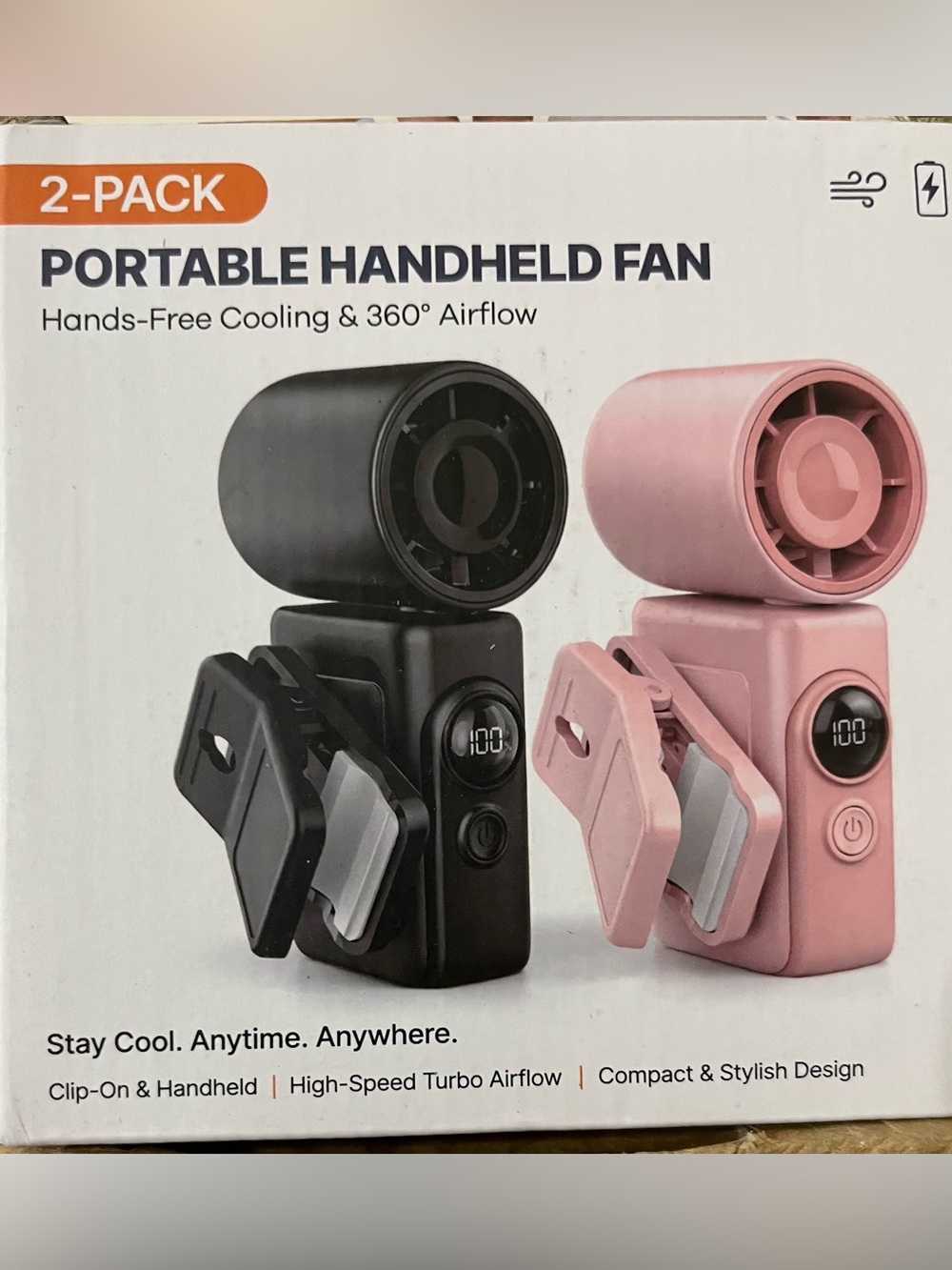 Rechargeable Clip-On Portable, hand held Fan - Pink & black 2-Pack